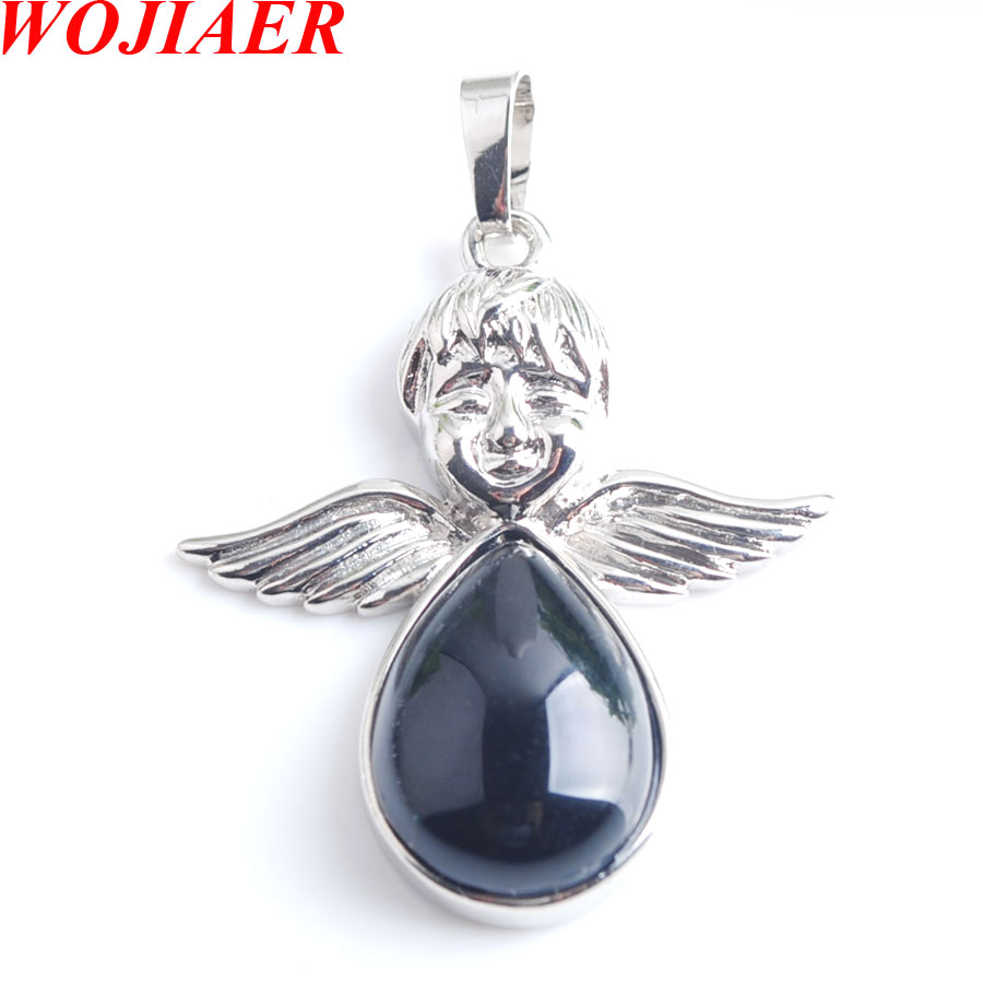 WOJIAER Angel Wings Natural Agate Quartz Turquoise Stones Pendants Necklaces bead Women Girls Jewelry Christmas Gifts BM902