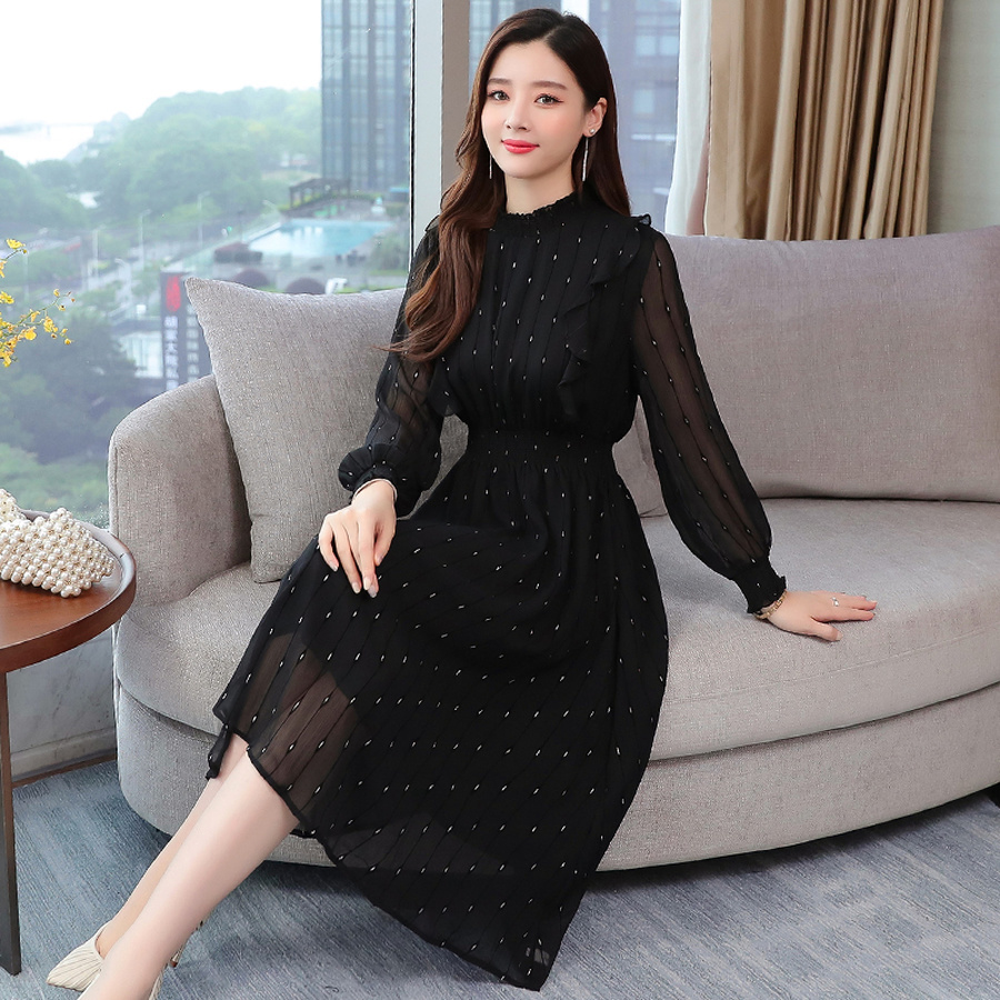 Vintage Striped Chiffon Long Sleeve Midi Dresses Autumn Winter Plus Size Women Bodycon Dress Elegant Party Femal Vestidos 201008
