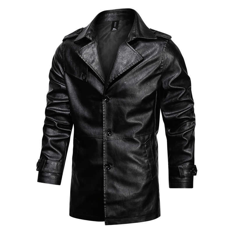 Men's PU Leather Jackets Long Style Hooded Bomber Jacket Leather for Male Fashion Slim Thin Clothes Mens Overcoat 211018