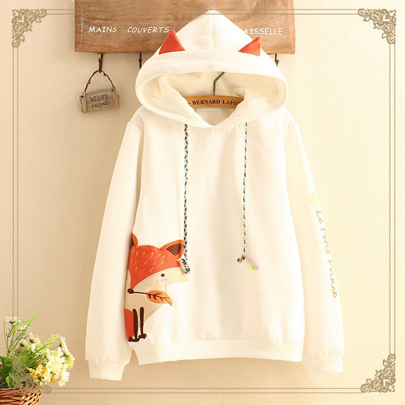 Autumn Cute Fox Embroidered Hooded Sweatshirt Women Clothing Pullovers Plus Velvet Patchwork Female Sweet Thick Warm Hoodies 201126