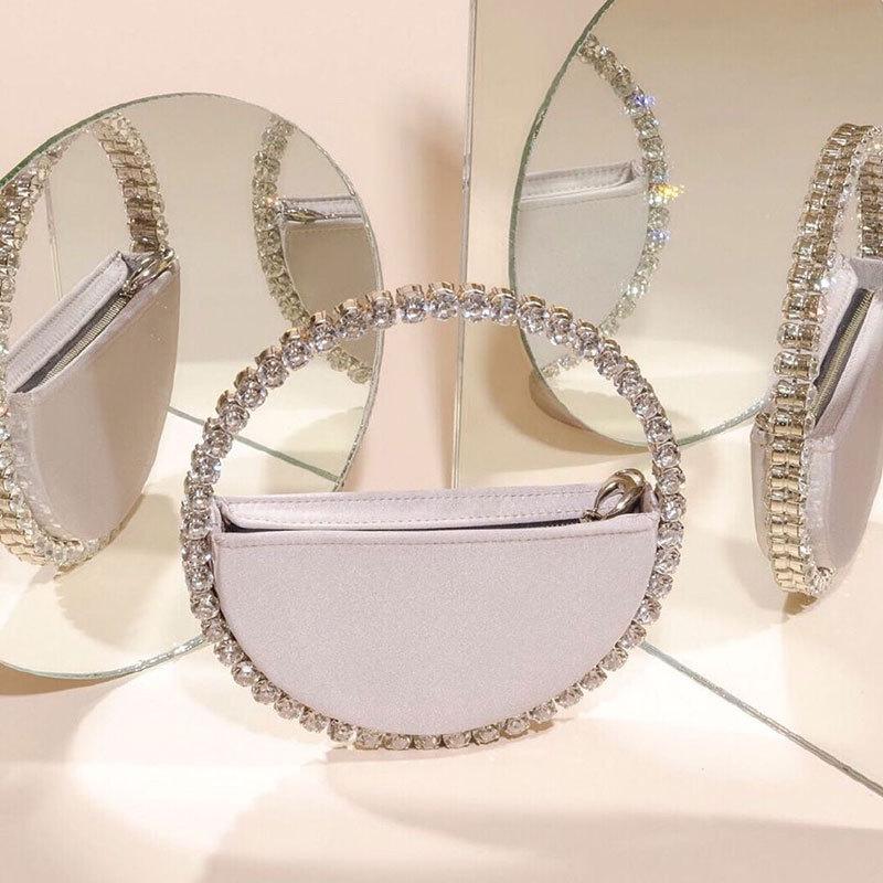 Cross Body Women INS Diamond Circular Evening Bag Round Handle Rhinestone Dinner Clutch Purse Ladies Half Moon Handbag