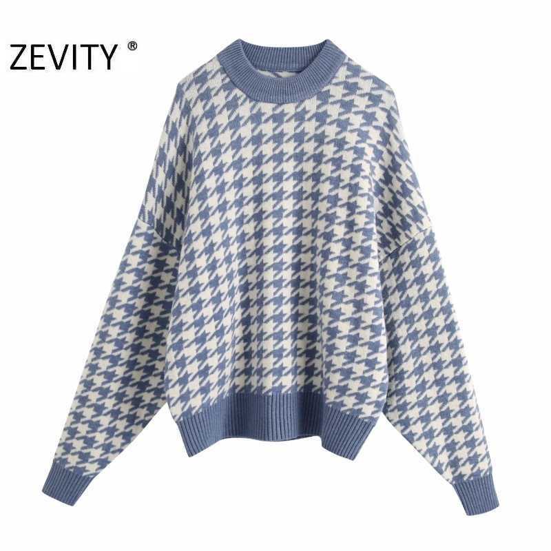 ZEVITY women vintage houndstooth pattern pullovers knitting sweater ladies batwing sleeve casual autumn sweaters chic tops S410 210603