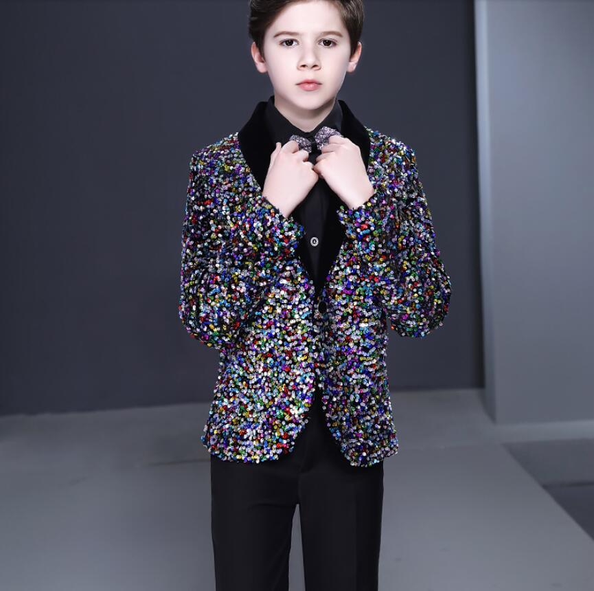 Fashion Ring Bearer Boy's Formal Wear Tuxedos Shawl Lapel One Button Children Attire For Wedding Party Kids Suit Set Sparkling Sequins Jacket +Bl