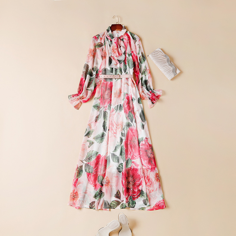 Women's Runway Dress Lace Up Bow Collar Floral Printed Fashion Casual Autumn Dresses Vestidos