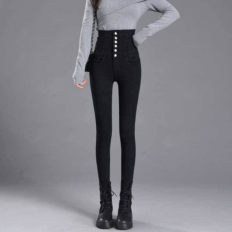 High Waist bow tie abdomen Bottom Jeans Women Buttons Skinny Femme Trousers Slim Streetwear Pencil Denim Pants 210922