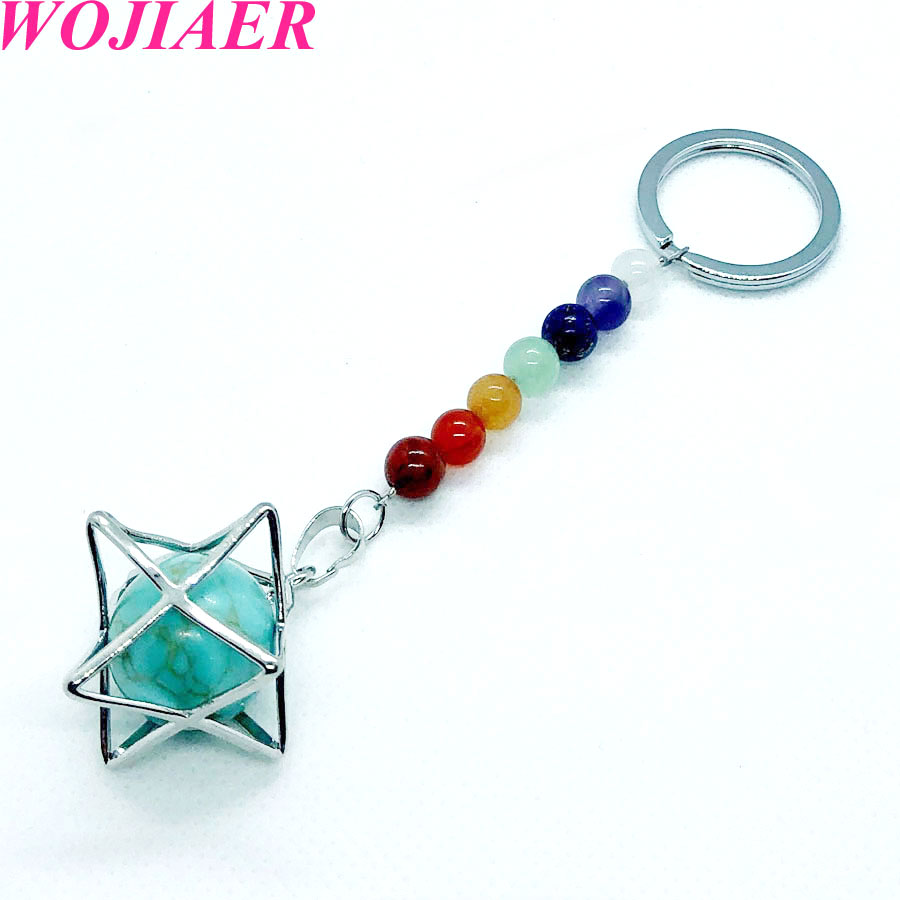 WOJIAER 7 Chakra Quartz Keychain Natural Gem Stones Beads Key Ring Merkaba Locket Pendant Car Bags Accessories Jewelry BW909