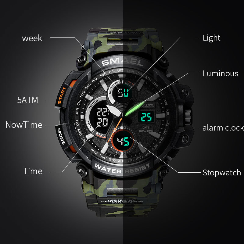 SMAEL Camouflage Military Watch Men Waterproof Dual Time Display Mens Sport Wristwatch Digital Analog Quartz Watches Male 1708 210310
