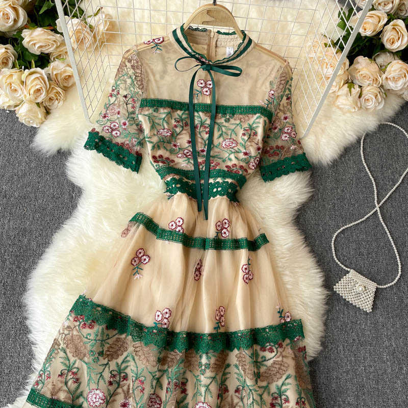 Women Fashion High Street Dress Wear Retro Round Neck Short Sleeve Embroidered Lace Mesh Elegant Vestidos De Mujer S472 210527