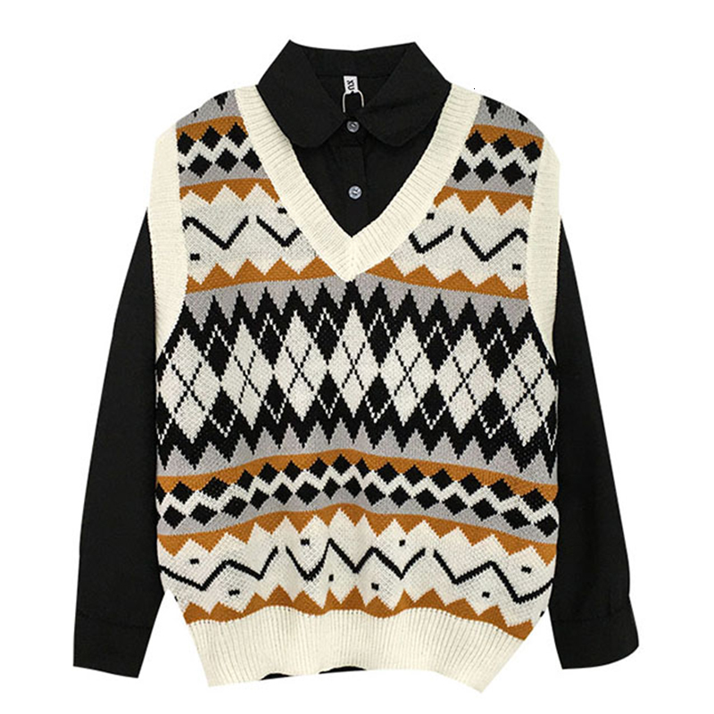 2021 Vintage Geometry Style Preppy Female Sweater Vest with Sleeveless V-cleavage New Autumn Casual Korean Fashion Teenage Girls X3fq, Black
2021 Vintage Geometry Style Preppy Female Sweater Vest with Sleeveless V-cleavage New Autumn Casual Korean Fashion Teenage Girls X3fq, Black