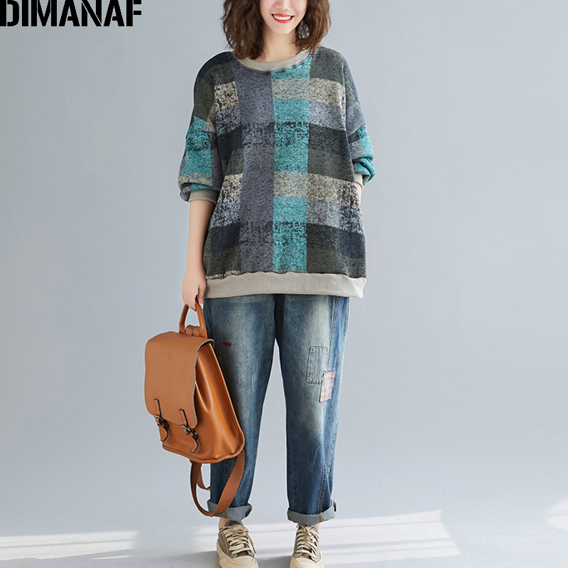 DIMANAF Autumn Winter Oversize Women Sweatshirts Lady Tops Pullovers Knitting Cotton Thick Vintage Loose Long Sleeve Plus Size T200407