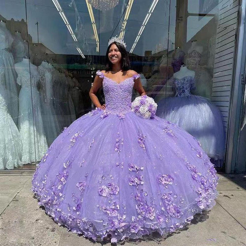 Glitter Purple Quinceanera Dresses Spaghetti Strap with Wrap Sweet 15 Gowns 2022 3D Flower Bead Vestidos 16 Prom Party Wears
