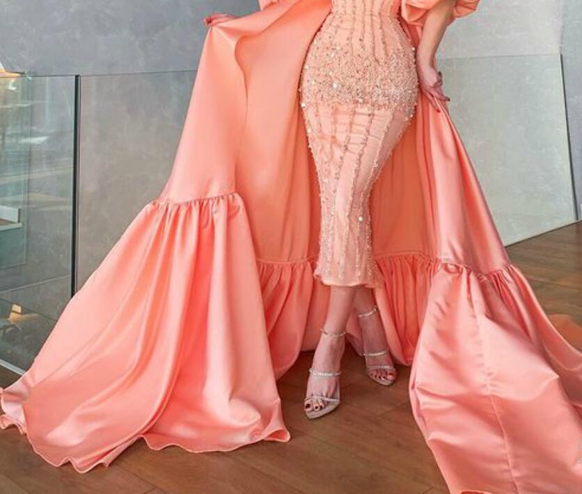 Aso Ebi 2021 Arabic Blush Pink Sheath Evening Dresses Stylish Beaded Crystals Prom Dresses Satin Formal Party Second Reception Gowns ZJ215