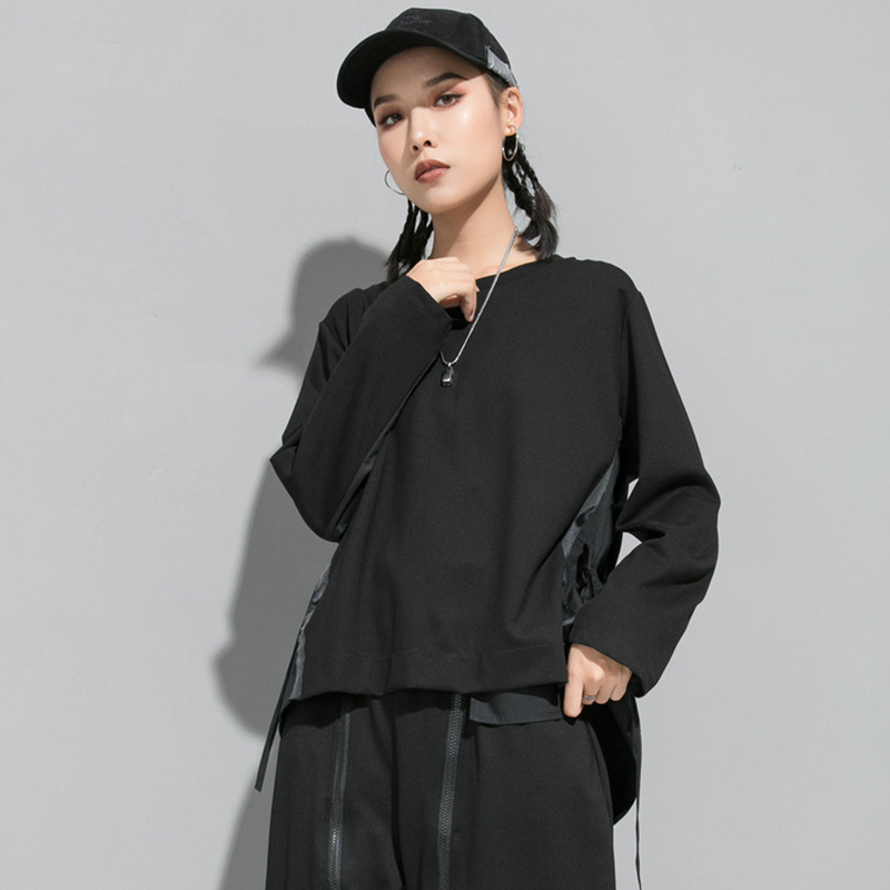 [EAM] Loose Fit Black Back Long Oversized Sweatshirt New Round Neck Long Sleeve Women Big Size Fashion Spring Autumn LJ201130