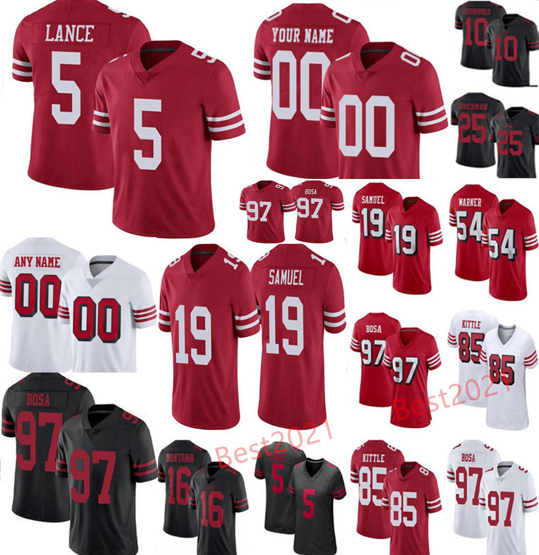 Custom Mens 10 Jimmy Garoppolo 49er football 85 George Kittle 97 Nick Bosa 80 Jerry Rice San Montana jersey Francisco Trey Lance red white Stitched, Blue;black
Custom Mens 10 Jimmy Garoppolo 49er football 85 George Kittle 97 Nick Bosa 80 Jerry Rice San Montana jersey Francisco Trey Lance red white Stitched, Blue;black