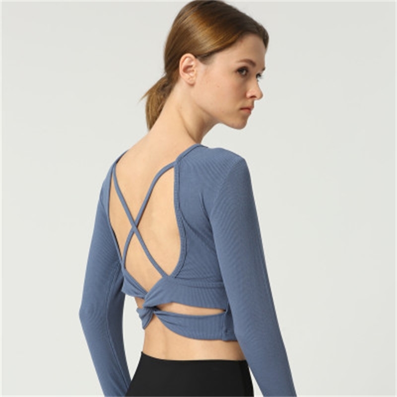 XHERR Women Back Straps Gym Yoga Crop Tops Yoga Shirts Long Sleeve TShirts Rip Stretch Fabric Workout Tops Fitness Yoga Tee T200401