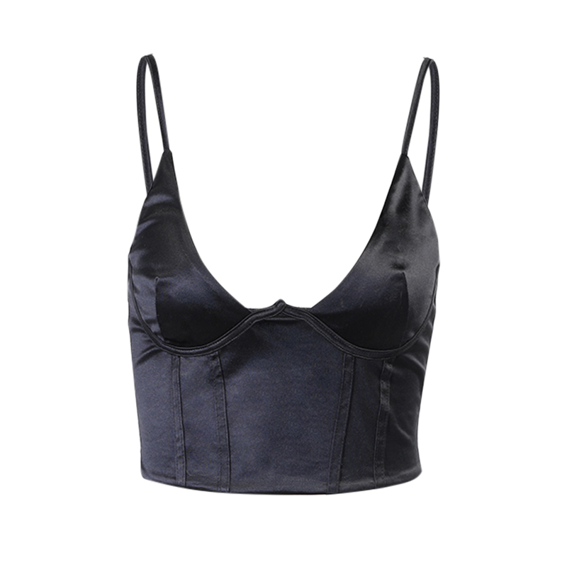InstaHot Sexy Women Crop Top Camis Club Slim Streetwear Casual Backless 2021 Female Camisole Solid Black Tops Satin Party Vest 210308