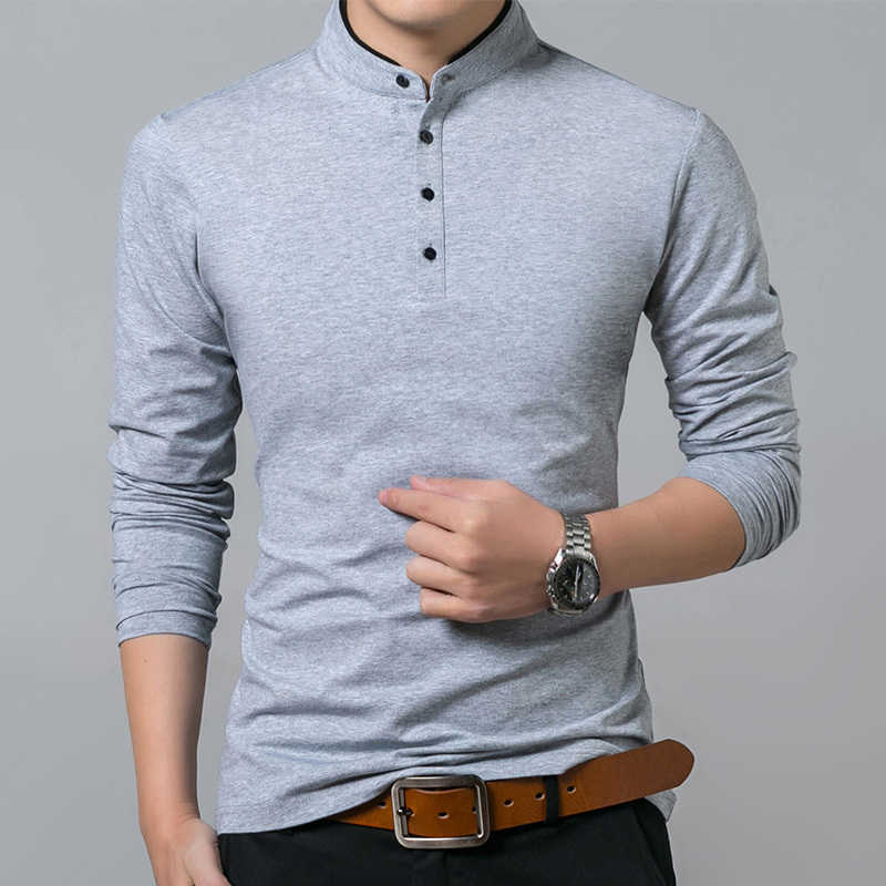 Spring Mens Tshirt Long Sleeve Stand Basic Solid Blouse Tee Shirt Top Casual Cotton T-shirt Men Undershirt 210623