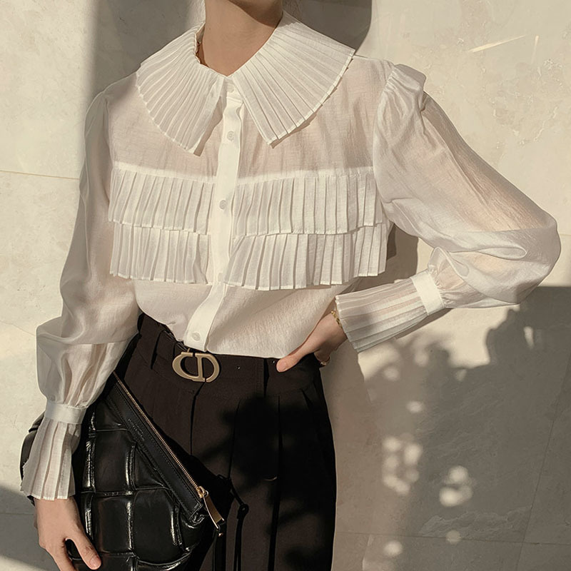 Pleated Blouse See Through Shirt Women Spring New Fashion Blouse Turn-down Collar Single-breasted Loose Tops Blusas Elegant 210225