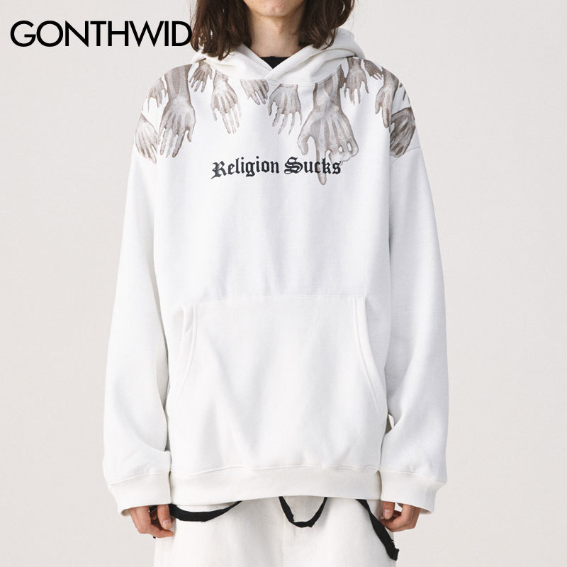 GONTHWID Hands Religion Sucks Print Fleece Hooded Sweatshirts Hoodies Hip Hop Punk Rock Streetwear Casual Tops Hipster Hoodie 201103