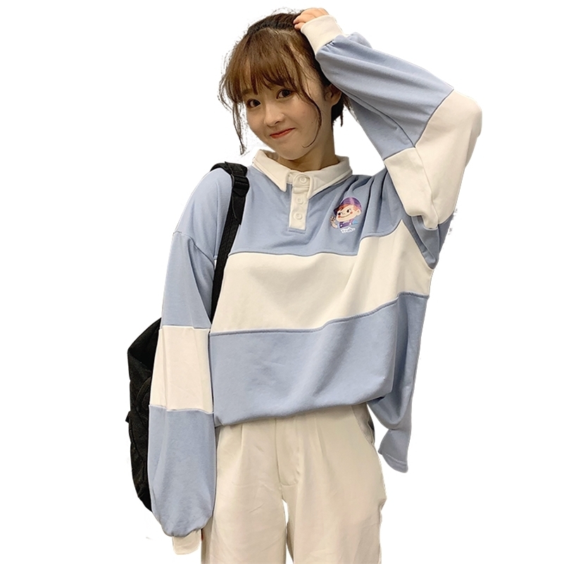 Autumn Winter Women's Sweatshirts Polo Korean Casual Cartoon Print Preppy Style Patchwork Loose Oversized Women Sweatshirt 201209