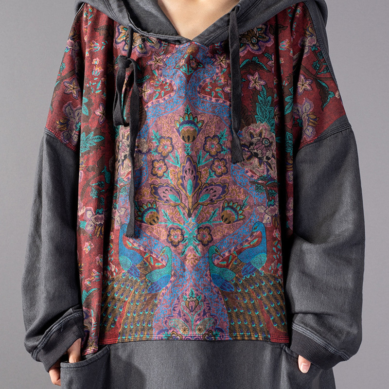 Johnature Vintage Hooded Sweatshirt Print Floral Autumn Women Sweatshirt Loose Fall Winter New Loose Pullover Sweatshirt 201204