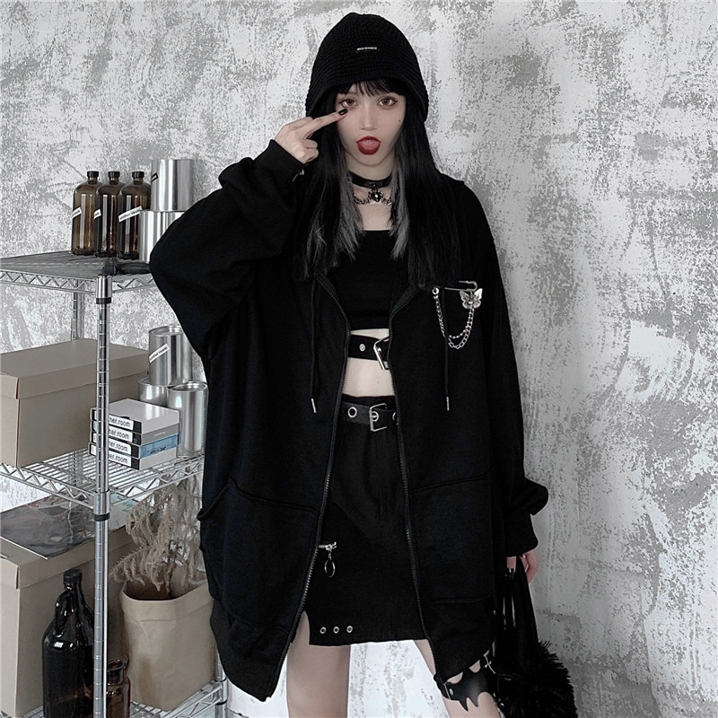HOUZHOU Gothic Sweatshirt Women Autumn Winter Fashion Punk Women Hoodies Long Sleeve Cotton Zip Up Hoodie Black Loose Pullover 201211