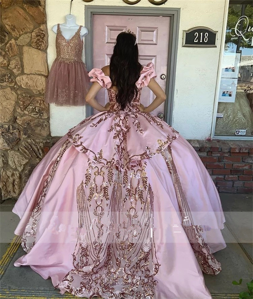 Rose Gold Sequins Mexican Quinceanera Prom Dresses 2022 Off Shoulder lace-up Sweet 15 Dress Princesa Misquinceanos Party Gowns