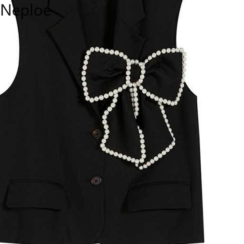 Neploe Women Vest Beading Bow Black Waistcoat Single Breasted Tank Jackets Korean Fashion Sleeveless Loose Streetwear Tops Femme 210910