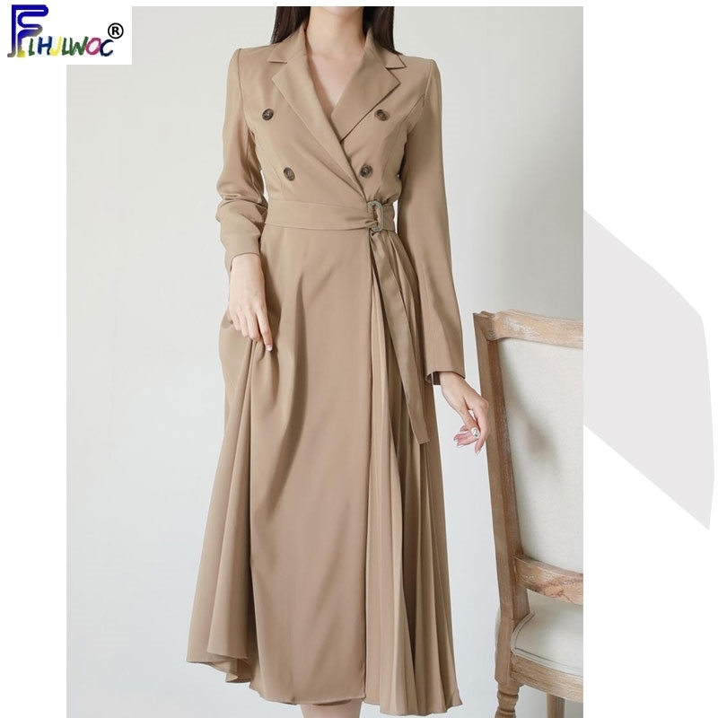 Spring Fashion Black Dresses Women Long Sleeve Korea Style Temperament Lady Double Button Blazer Dress Long 12920 201008