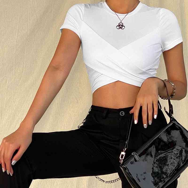 Euro American style summer women's round neck short sleeve bandage slim fit short open navel T-shirt 210602