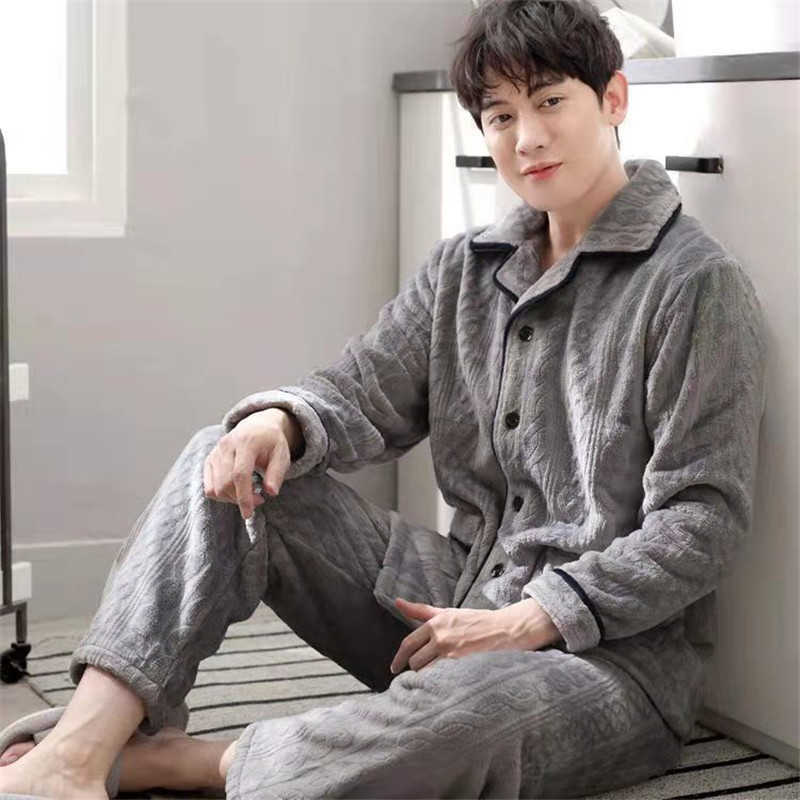 Winter Long Sleeve Pajamas Set For Men Thick Warm Flannel Pyjamas Suit Lounge Homewear Home Clothes Male Sleepwear 211014