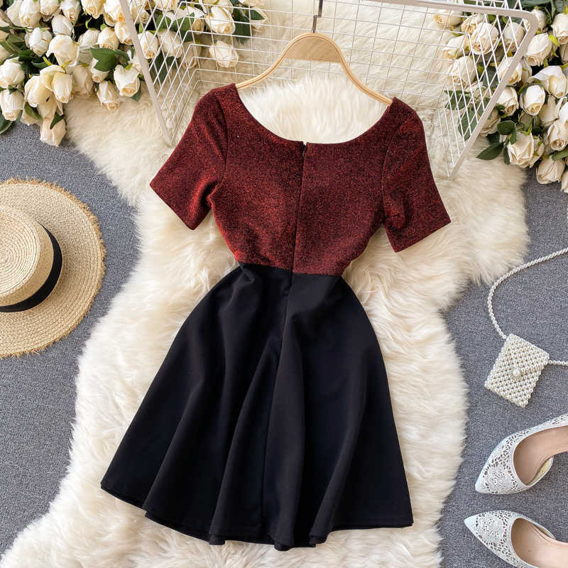 DEAT Summer Arrivals Solid Color Short Sleeve V-neck Bra Waist Slim Patchwork Temperament Sexy Dress MZ688 210709