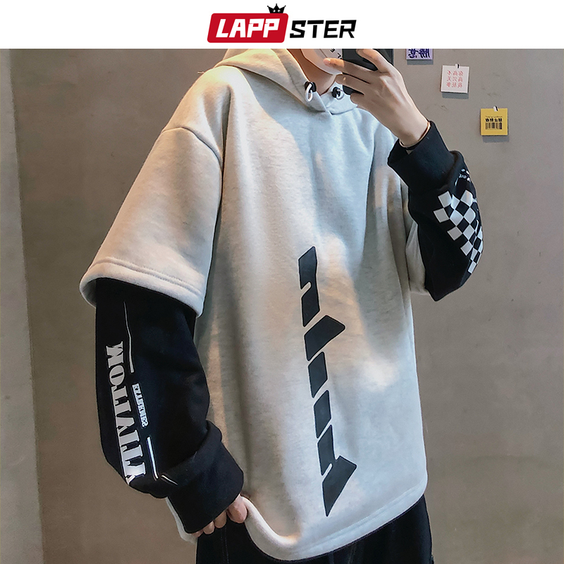 LAPPSTER Men Hip Hop Fleece Hoodies Man Winter Japanese Streetwear Sweatshirts Male Pullover Black Patchwork Hooded Hoodies 201020