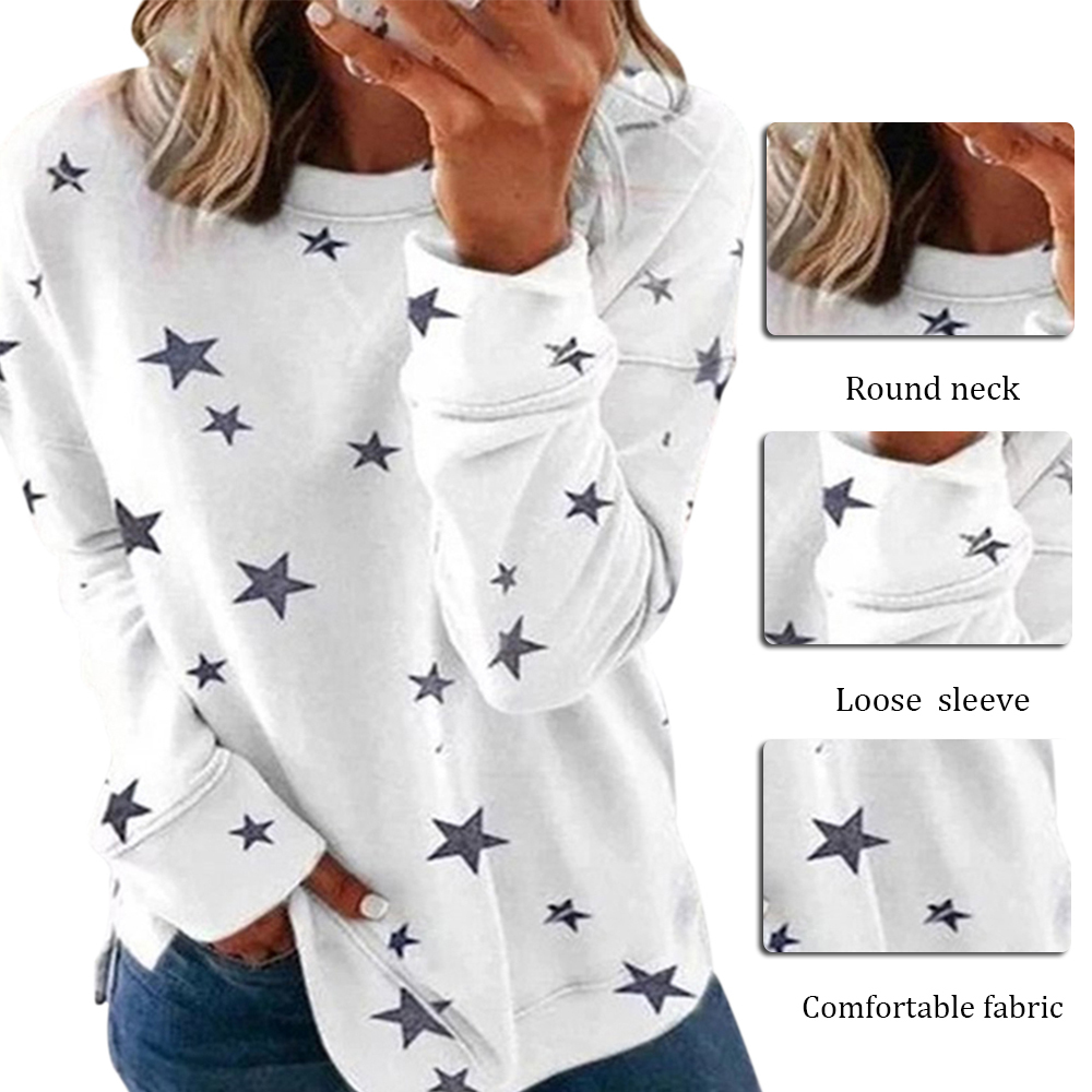Clothes Women Ropa Mujer Vintage T Shirt Women Round Neck Long Sleeve Star Print Side Split Pullover Sweatshirt Plus Size 210310