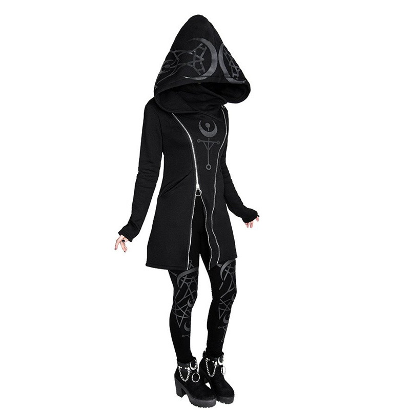 Gothic Punk Pullover Hoodies Women Long Sleeve Hooded Sweatshirt Zipper Coat Autumn Winter Female Casual Hoodie Oversized Hoody 201103