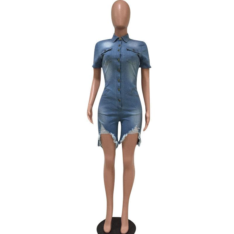 Echoine Denim Jumpsuit Single Button Hole Sexy Playsuit Short Pants Overall Jeans Bodycon Romper Women Clothes Casual Streetwear