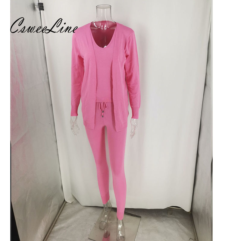 Knitting 3 piece set women set outfits suit fashion Knitted Lounge Sets vest top jogger cardigan Home wear Womens Clothes 210302