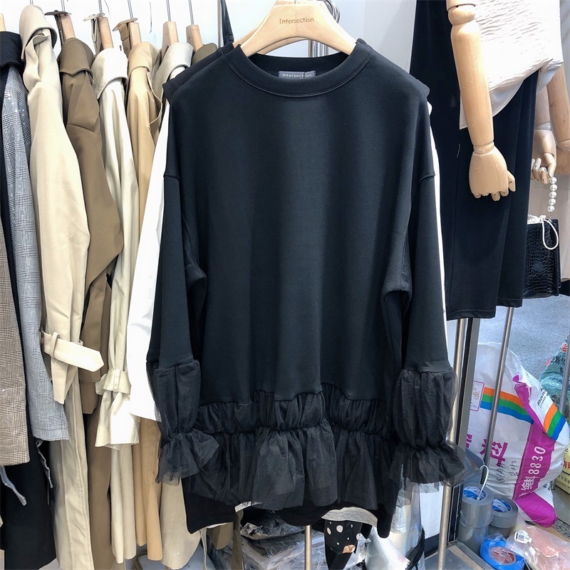 [EWQ] Autumn Ladies Stitching Mesh Flared Sleeves Loose Long-sleeved Sweatshirt Contrast Color Ruffled Thick Tops For Women 201102