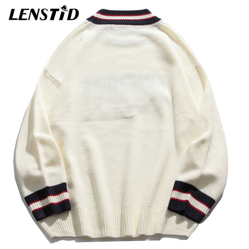LENSTID Men Hip Hop Knitted Jumper Sweaters Embroidery Bear Streetwear Harajuku Autumn Casual Knitwear Pullovers Fashion Tops 210818