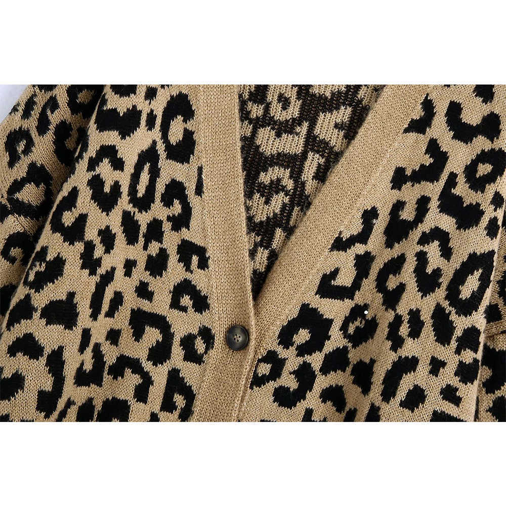 Fall Winter Women Knit Cardigan Lepard Printed V-neck Long Sleeves Sweater Casual Fashion Chic Woman Knitted Coat 210709