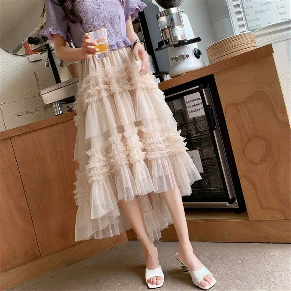 French Elegant Ruffled Irregular Cake Stitching Pleated Skirts Women Vintage Mesh High Waist Layered Tulle Skirts Streetwear 210619