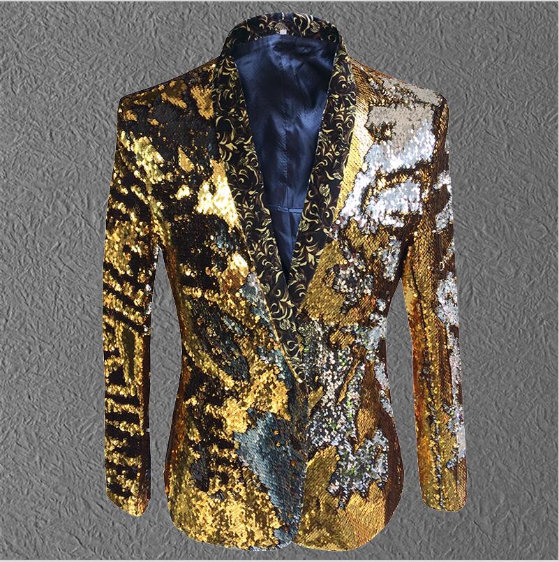 pattern male sequins costumes jacket tide fashion host coat outfit slim blazer singer dancer show nightclub party stage bar