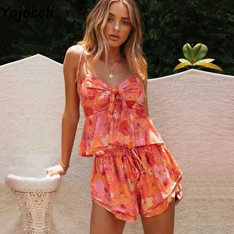 Yojoceli Sexy print boho bow short playsuit two piece set Summer elegant casual cool jumpsuit Beach daily strap overalls 210609