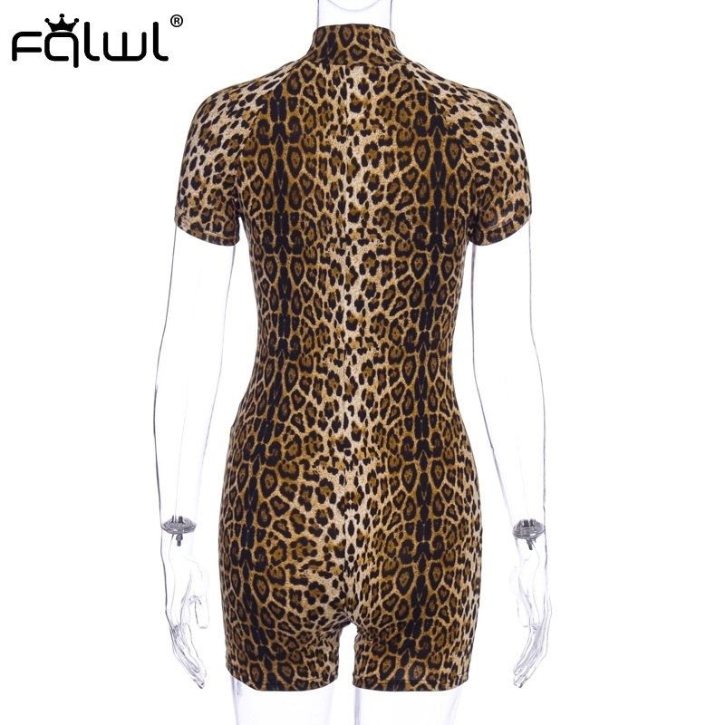 FQLWL Zipper Skinny Summer Sexy Rompers Womens Jumpsuit Female Playsuit One Piece Bodycon Short Ladies Leopard Jumpsuit Women T200527