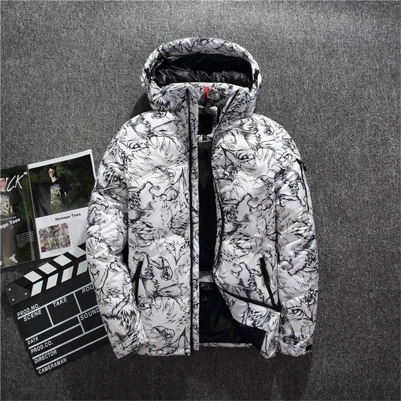 Mens Casual Down Jacket Winter New Boutique White Duck Down Thick Warm Fashion Print Mens Slim Hooded White Black Down Coat 201225