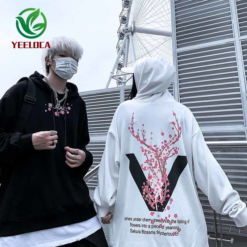 Autumn Winter New Sakura Flower Print Hoodie Oversized Cotton Hip hop Leisure Harajuku Sweatshirt Modis Long Sleeve 201020