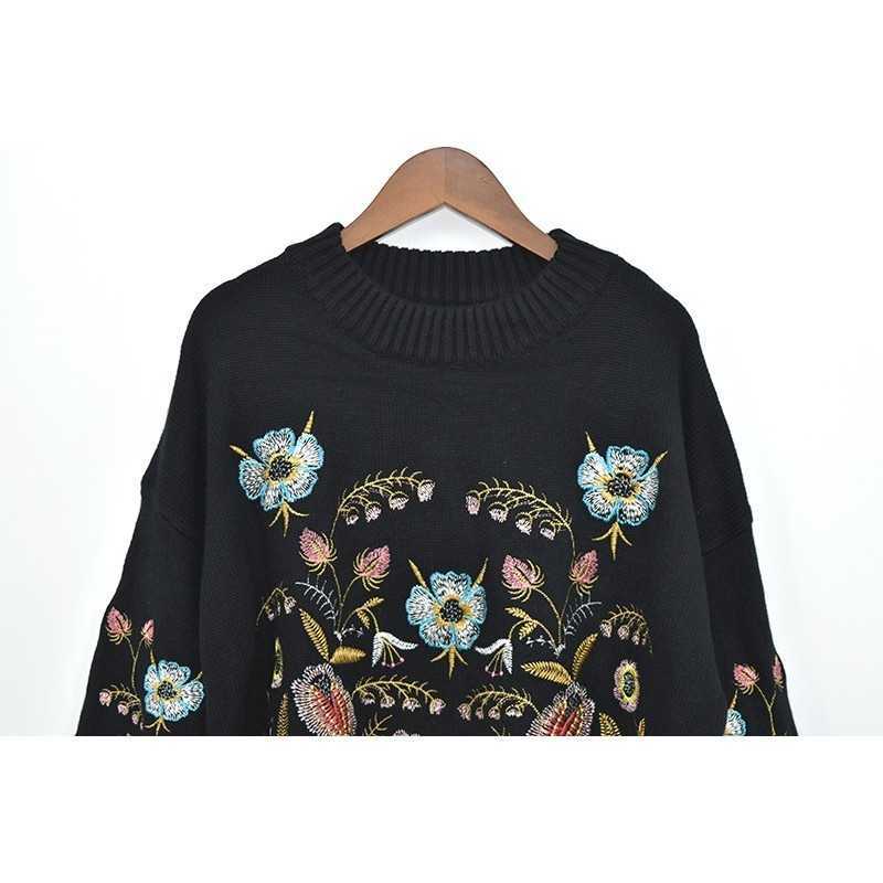 TEELYNN black floral Embroidery Pullover Sweater Women boho Long Sleeve O-neck Autumn Winter jumper Top Loose knitted sweaters 210805