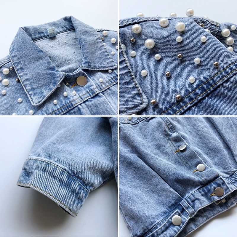 Pearls Beading Kids Denim Jacket For Girls Fashion Coats Children Clothing Autumn Baby Clothes Outerwear Jean Jackets Coat 211204