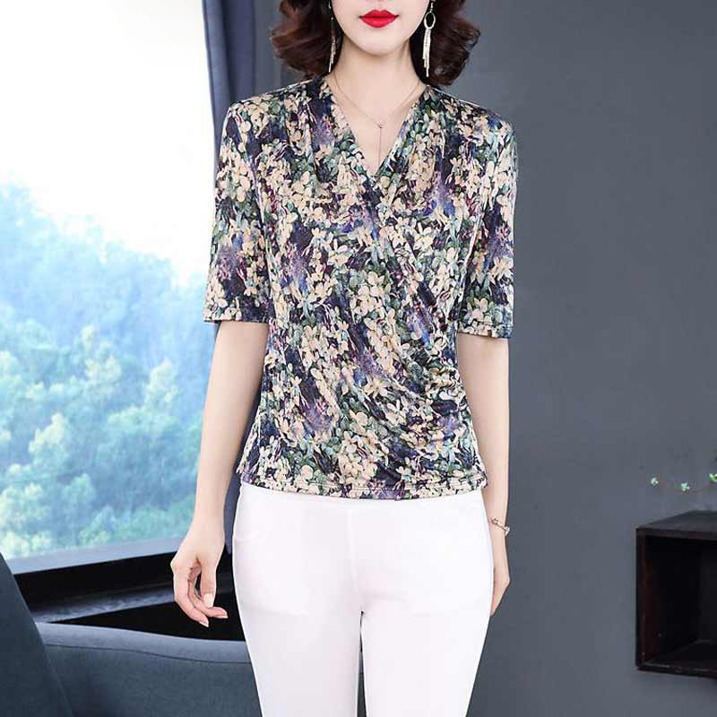Women Spring Summer Style Lace Blouses Shirts Lady Casual V-Neck Short Sleeve Flower Printed Blusas Tops DD8816 210225