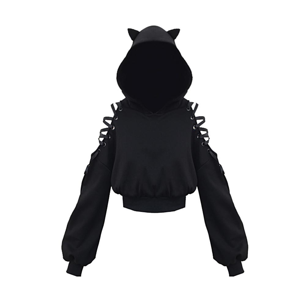 Rosetic Gothic Streetwear Black Hoodie Women Cat Ear Hooded Sweatshirt Goth Cool Hollow Ripped Hoodies Short Tops Spring 201030